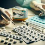 Bentelan farmaco, scatola, siringa e alcune compresse sparse davanti