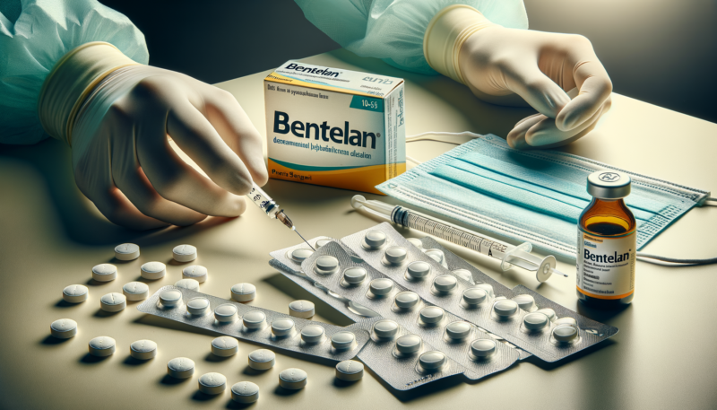 Bentelan farmaco, scatola, siringa e alcune compresse sparse davanti
