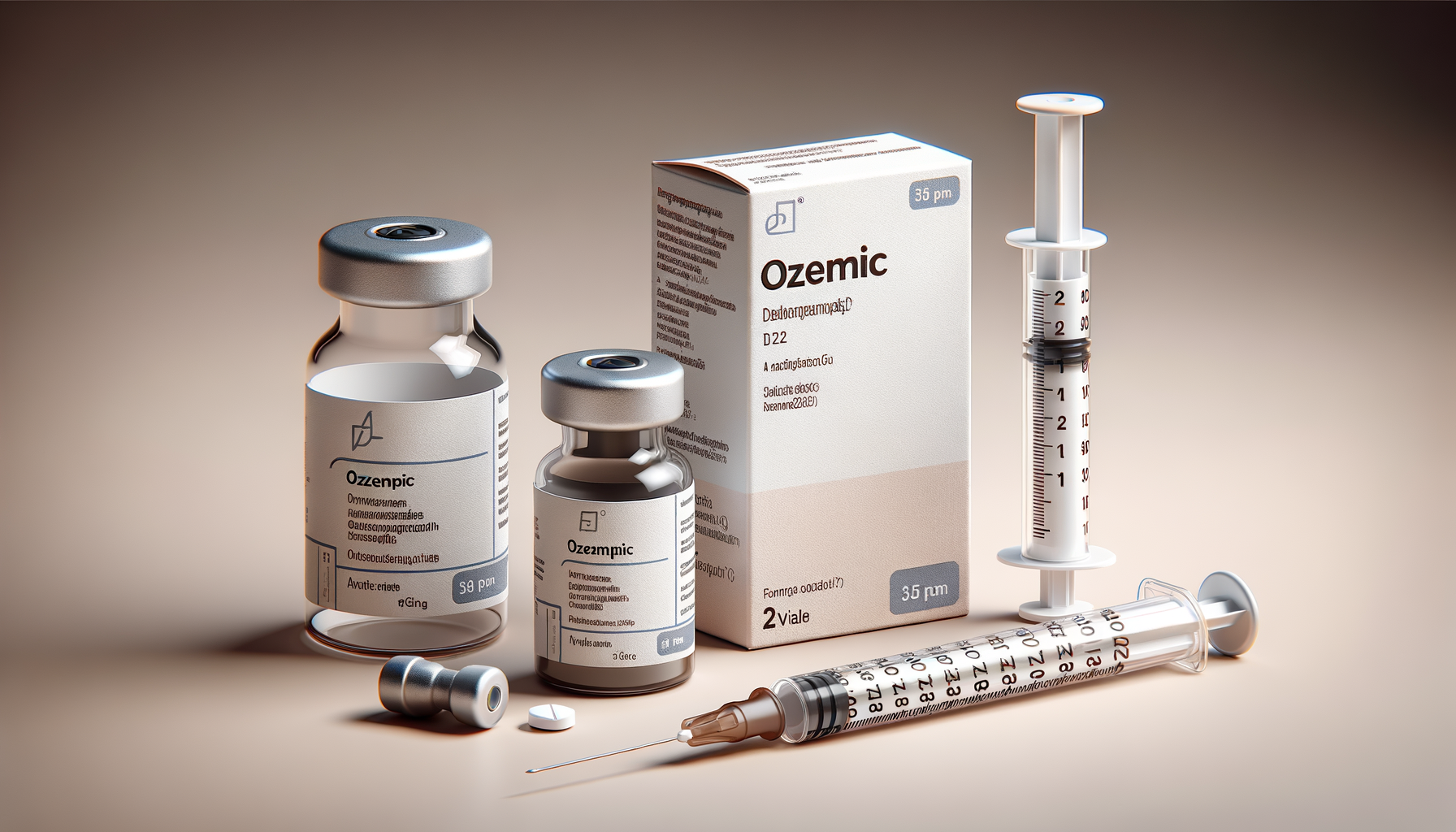 Ozempic farmaco, scatola, flacone e una siringa per insulina davanti