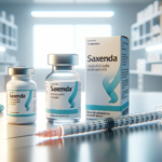 Saxenda farmaco, scatola, flacone e una siringa per insulina davanti