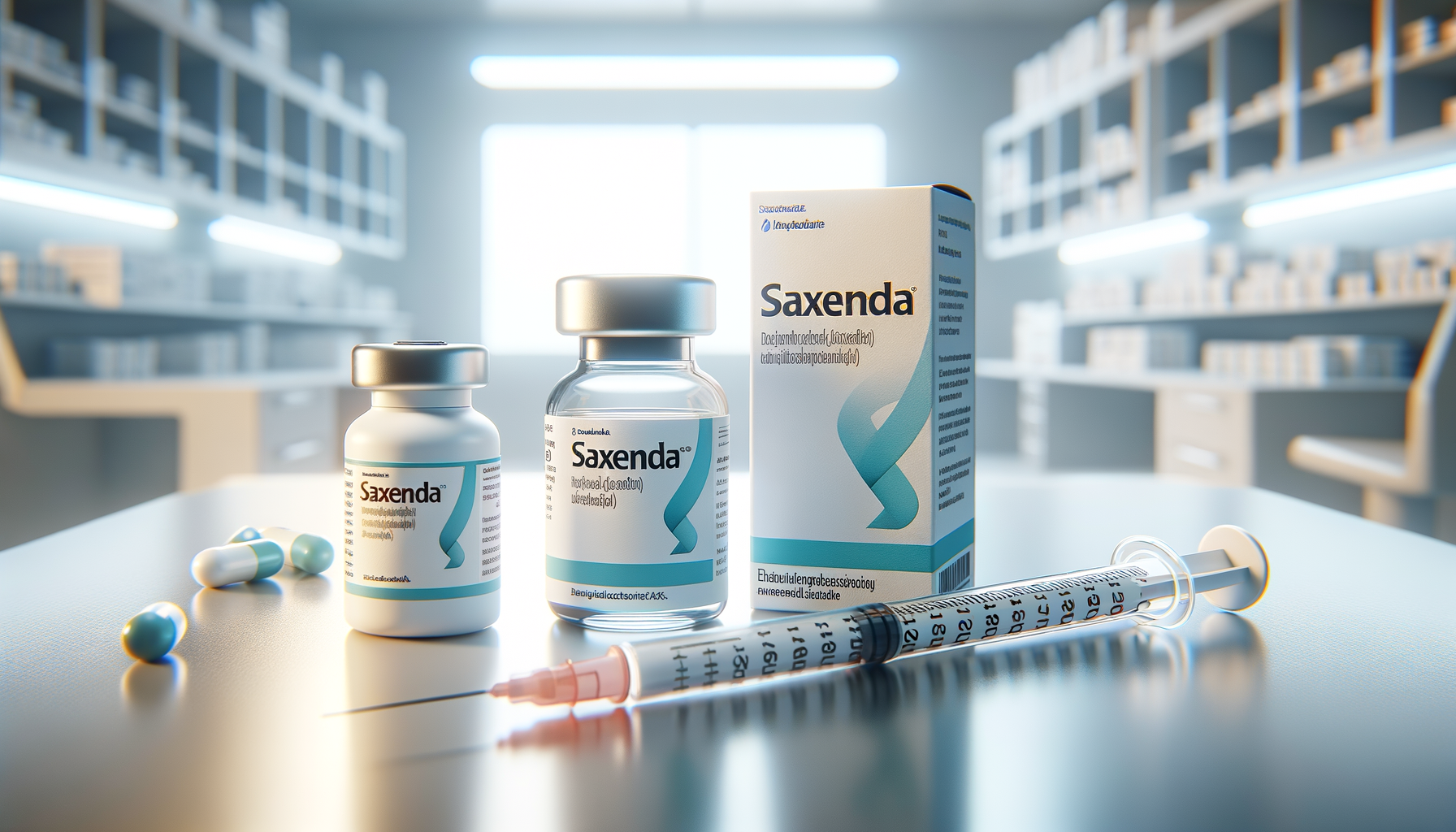 Saxenda farmaco, scatola, flacone e una siringa per insulina davanti