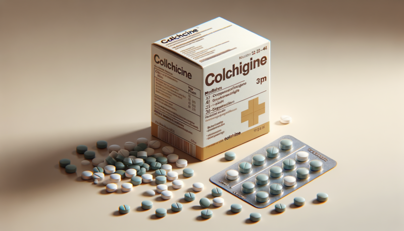 Colchicina farmaco, scatola ed alcune compresse
