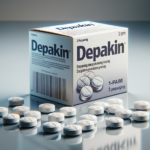 Depakin farmaco, scatola e alcune compresse davanti, simile ad una fotografia
