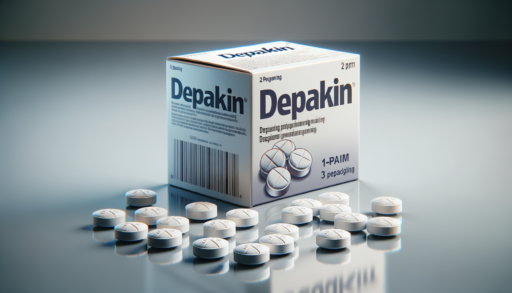 Depakin farmaco, scatola e alcune compresse davanti, simile ad una fotografia