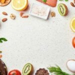 Low fodmap diet ingredients - seafish, vegetables and fruits, nuts, greens, beans