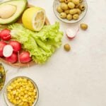Menu for low carb, FODMAP diet food. Vegetables, fruits, avocado, greens, olives