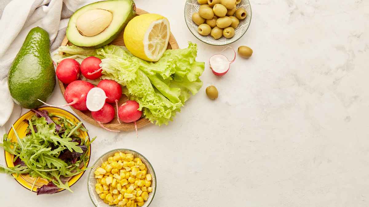 Menu for low carb, FODMAP diet food. Vegetables, fruits, avocado, greens, olives