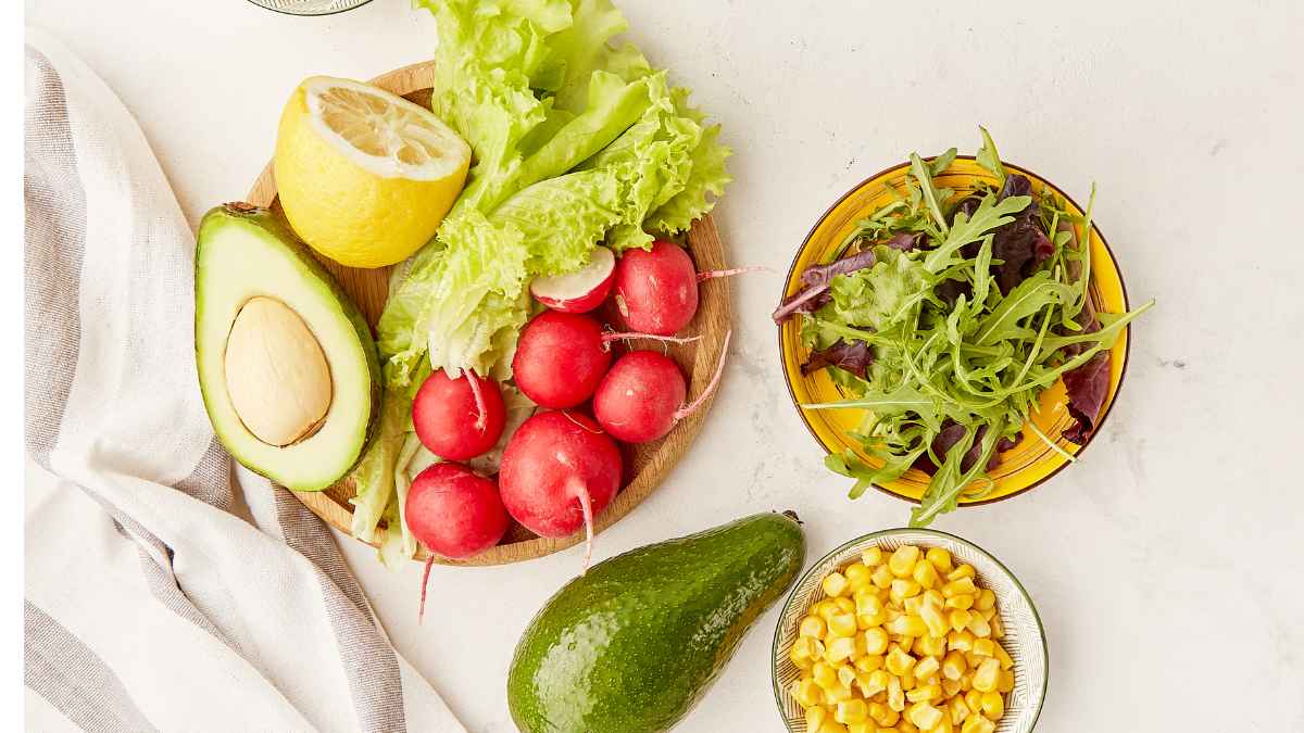 Menu for low carb, FODMAP diet food. Vegetables, fruits, greens, olives. Healthy lifestyle