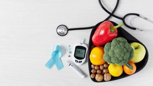 diabete - glucometro per glicemia, test del sangue, cibo sano. validi alleati nella diabetologia