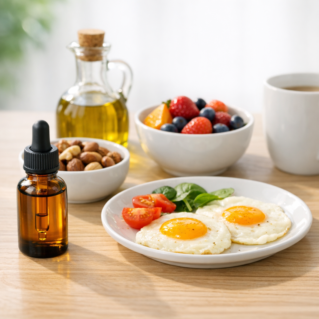 Gocce di vitamina D accanto a una colazione con uova, frutta secca e olio d'oliva