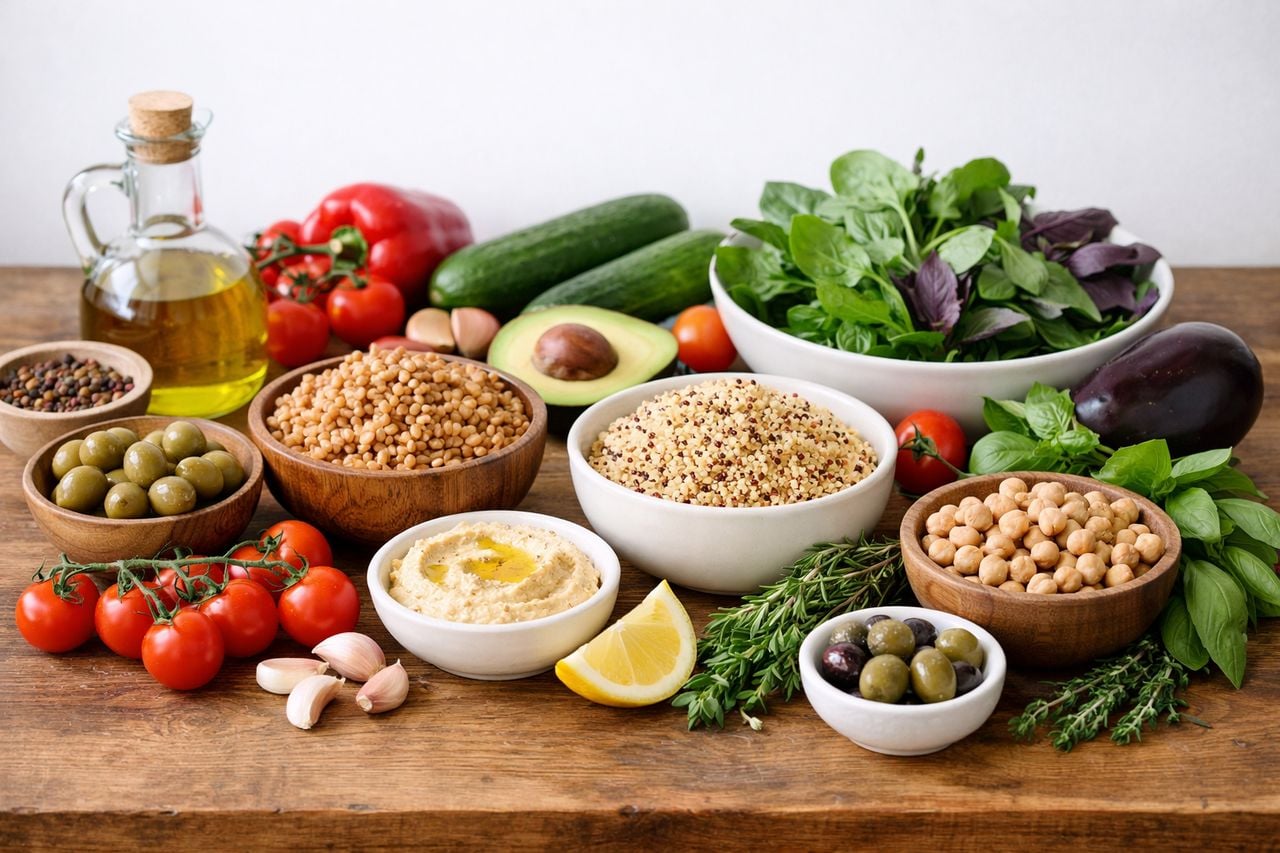 Un assortimento di ingredienti mediterranei freschi, grano e verdure su un tavolo di legno.