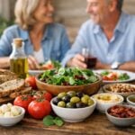 Una disposizione di ingredienti freschi della dieta mediterranea su un tavolo rustico con adulti sorridenti sullo sfondo.