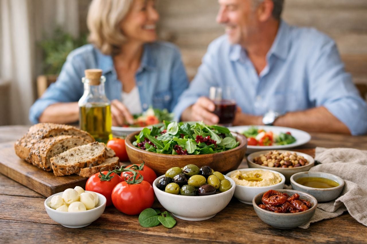 Una disposizione di ingredienti freschi della dieta mediterranea su un tavolo rustico con adulti sorridenti sullo sfondo.