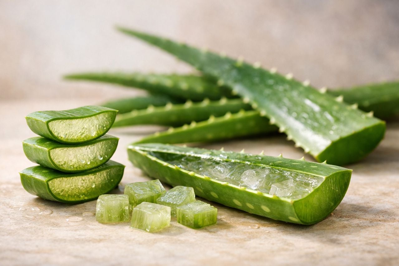 Foglie fresche di aloe vera disposte su uno sfondo neutro.
