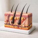 Modello anatomico di follicoli piliferi su una superficie pulita con sfondo neutro.
