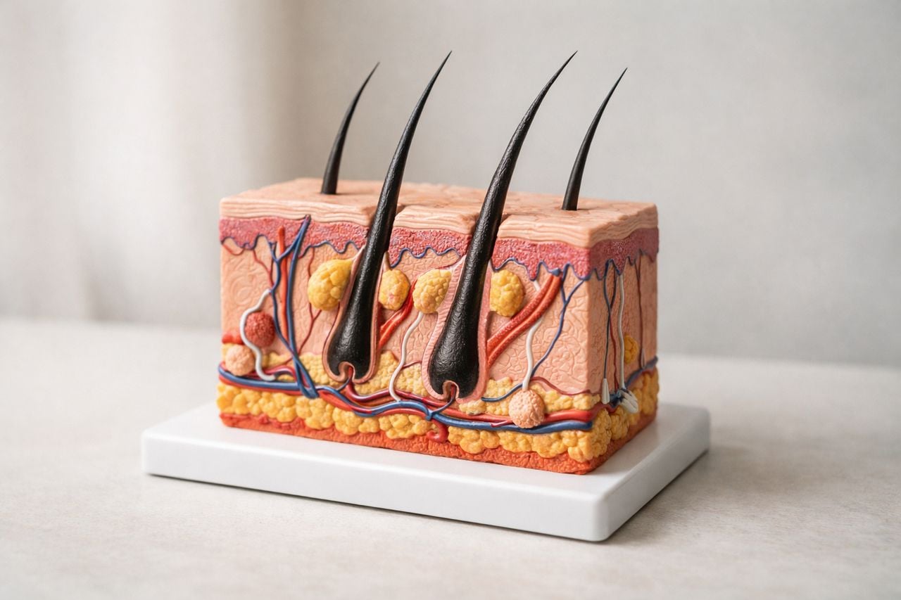 Modello anatomico di follicoli piliferi su una superficie pulita con sfondo neutro.