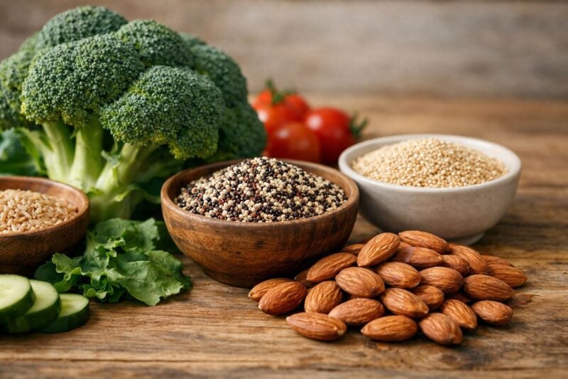 Un'accurata disposizione di ingredienti sani come verdure e noci su una superficie di legno.