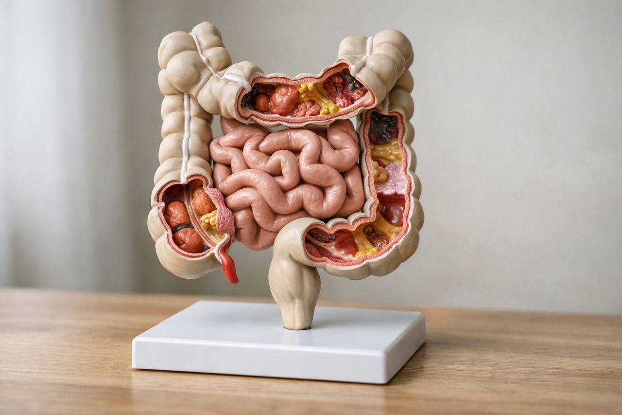 Modello anatomico del tratto intestinale su sfondo neutro.