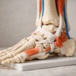 Modello anatomico della gamba inferiore che mostra l'area della caviglia su sfondo neutro.