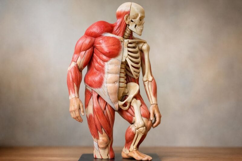 Modello anatomico di un corpo umano che evidenzia anomalie di crescita su sfondo neutro.
