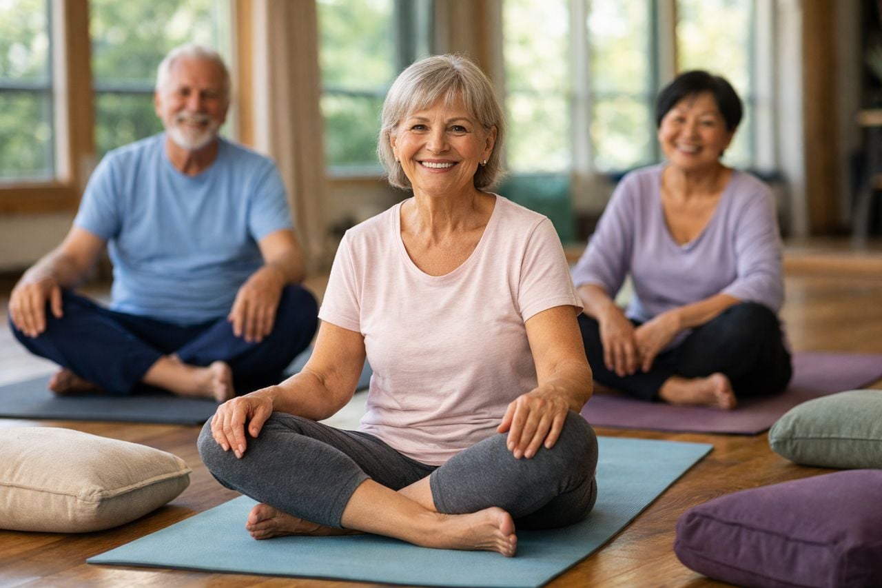 Un gruppo di adulti anziani sorride partecipando a una lezione di yoga in uno studio luminoso.