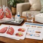 Un tavolo ordinato con documenti sulla salute respiratoria riguardanti la gestione della mucosa in un soggiorno neutro.