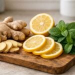 Un assortimento di zenzero fresco, foglie di menta e fette di limone su un tagliere di legno