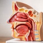 Modello anatomico della cavit&agrave; nasale con dettagli sui passaggi nasali e seni paranasali.