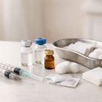Allestimento di materiali sterili per iniezione, con siringhe, fiale e tamponi su un piano pulito.