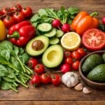 Un assortimento di verdure e frutta vibranti disposti artisticamente in una composizione piana
