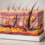 Modello anatomico che mostra i diversi strati della pelle su uno sfondo neutro.