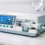 Primo piano di un dispositivo per infusione con schermo digitale e tubi in un ambiente clinico.