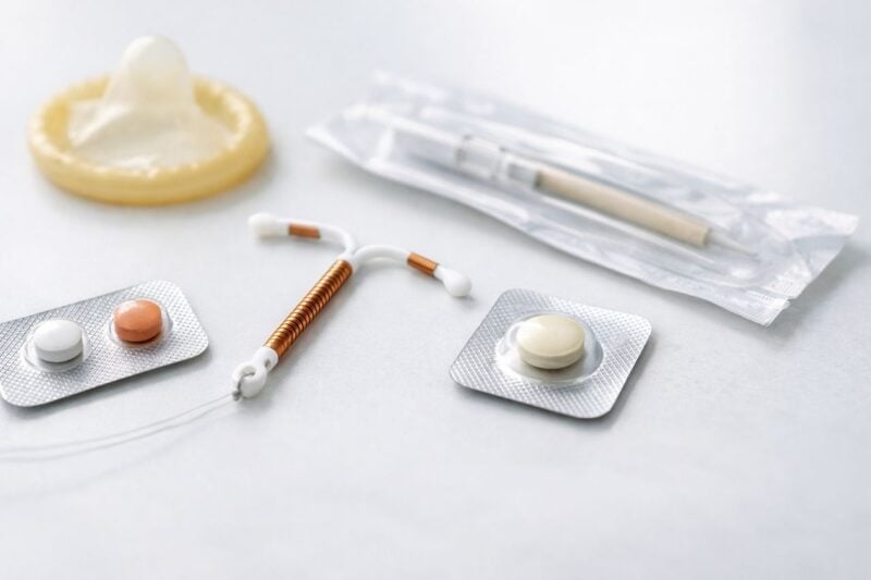 Vari dispositivi medici per la contraccezione d'emergenza esposti su una superficie bianca pulita.