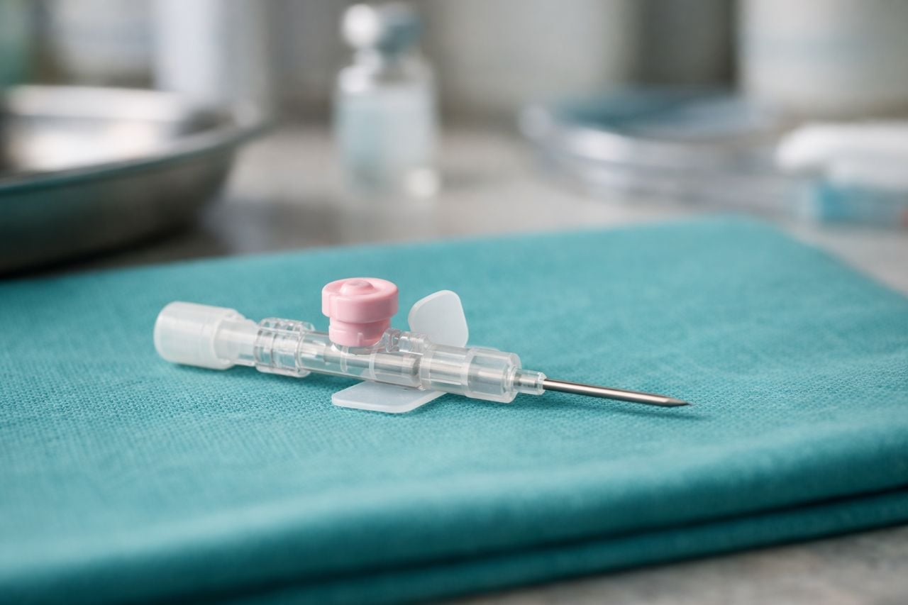 Primo piano di una cannula venosa periferica su un panno chirurgico sterile in un ambiente clinico.