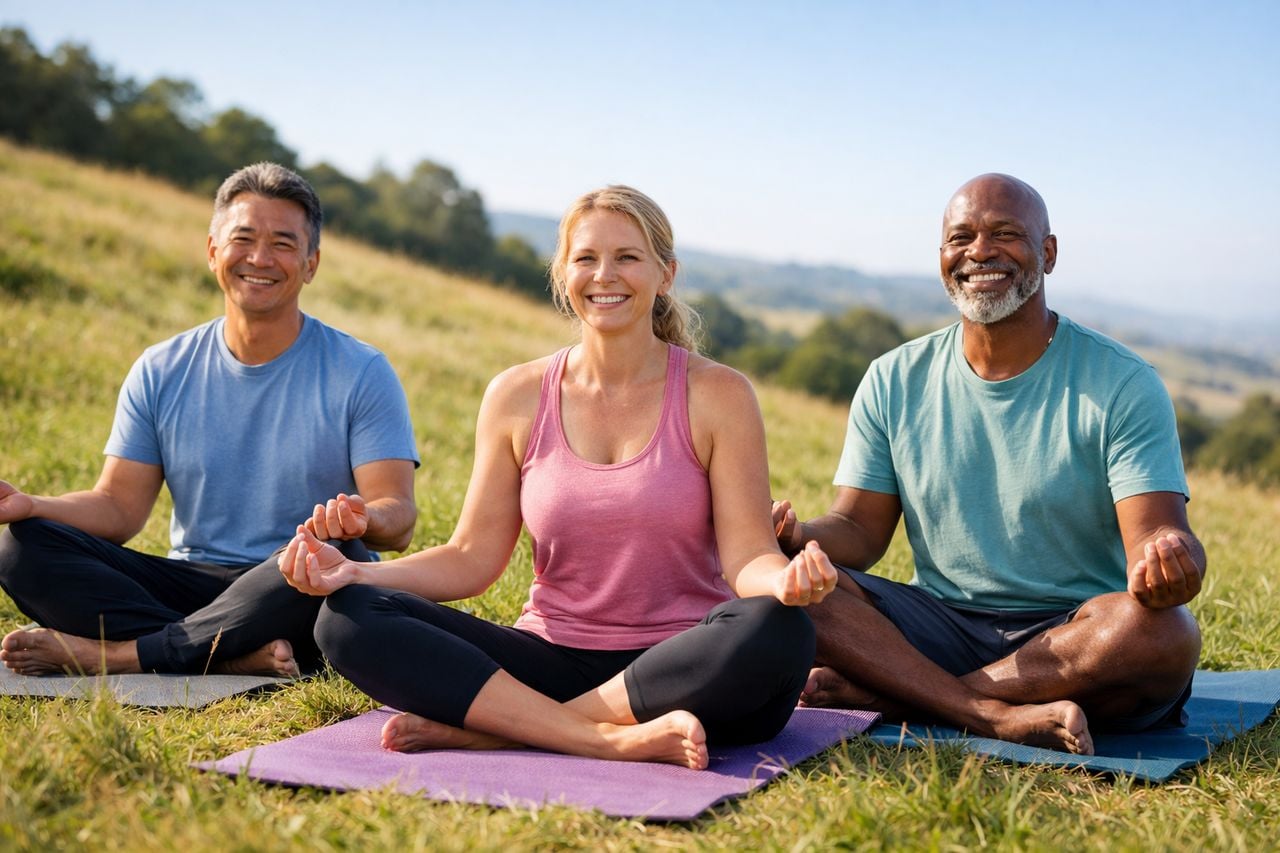 Gruppo di adulti sorridenti durante una sessione di yoga all'aperto su una collina verde in una mattina di sole.