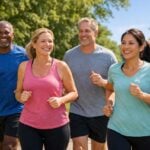 Gruppo di adulti sorridenti mentre fanno jogging insieme in un parco all'aperto.