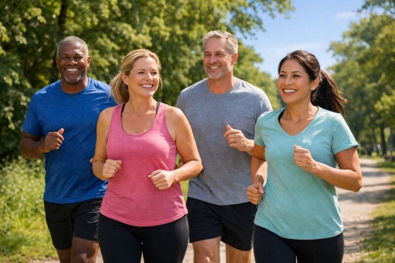 Gruppo di adulti sorridenti mentre fanno jogging insieme in un parco all'aperto.