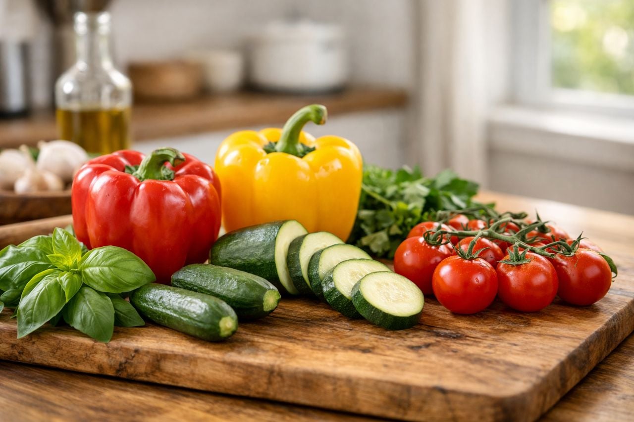 Un assortimento di verdure fresche su un tagliere in una cucina moderna e luminosa.