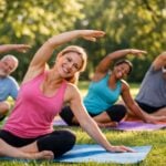 Gruppo di adulti sorridenti impegnati in una sessione di yoga all'aperto in un parco soleggiato