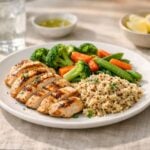 Piatto di un pasto bilanciato con pollo grigliato, verdure al vapore e quinoa su un tavolo semplice