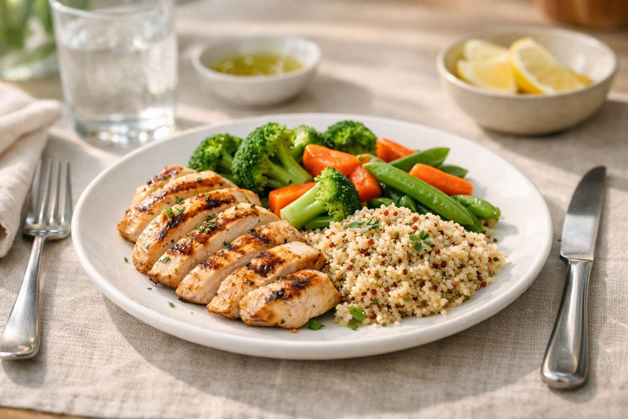 Piatto di un pasto bilanciato con pollo grigliato, verdure al vapore e quinoa su un tavolo semplice