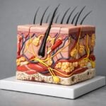 Modello anatomico del cuoio capelluto che mostra nervi e strati dettagliati.