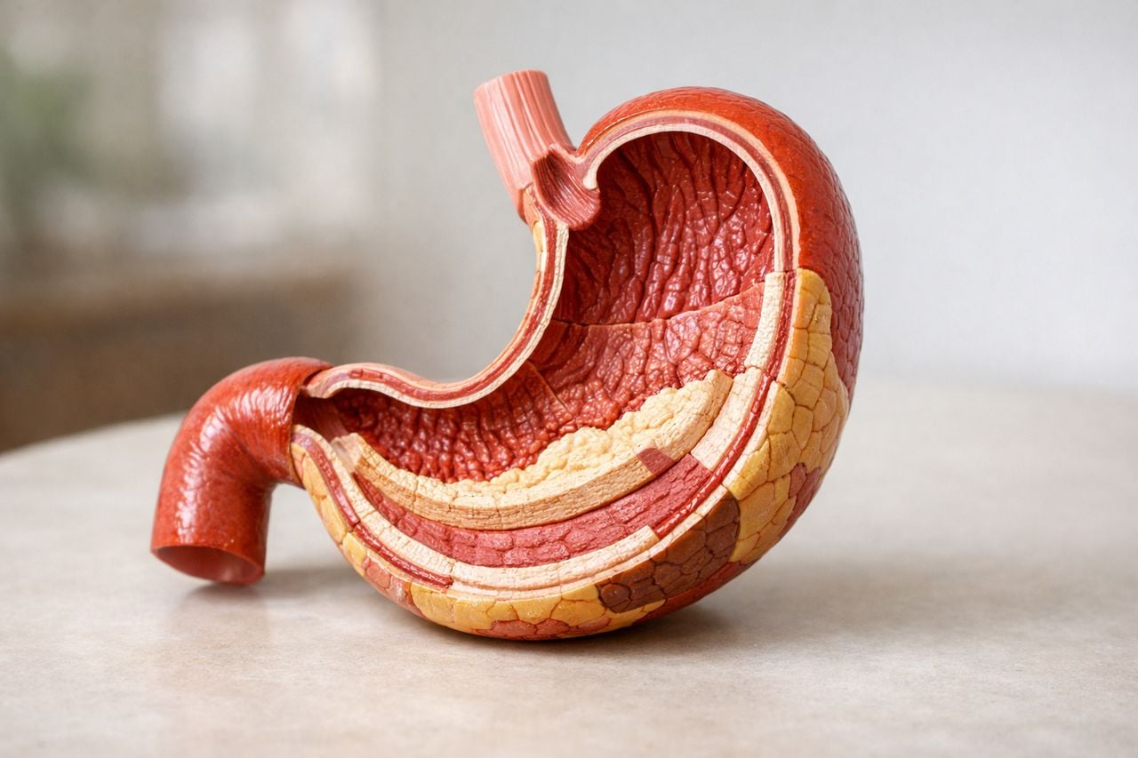 Modello anatomico di uno stomaco su una superficie neutra.