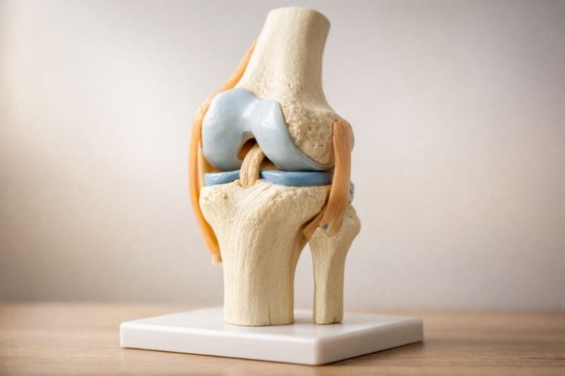 Modello anatomico di un'articolazione del ginocchio con dettagli su legamenti e cartilagine.