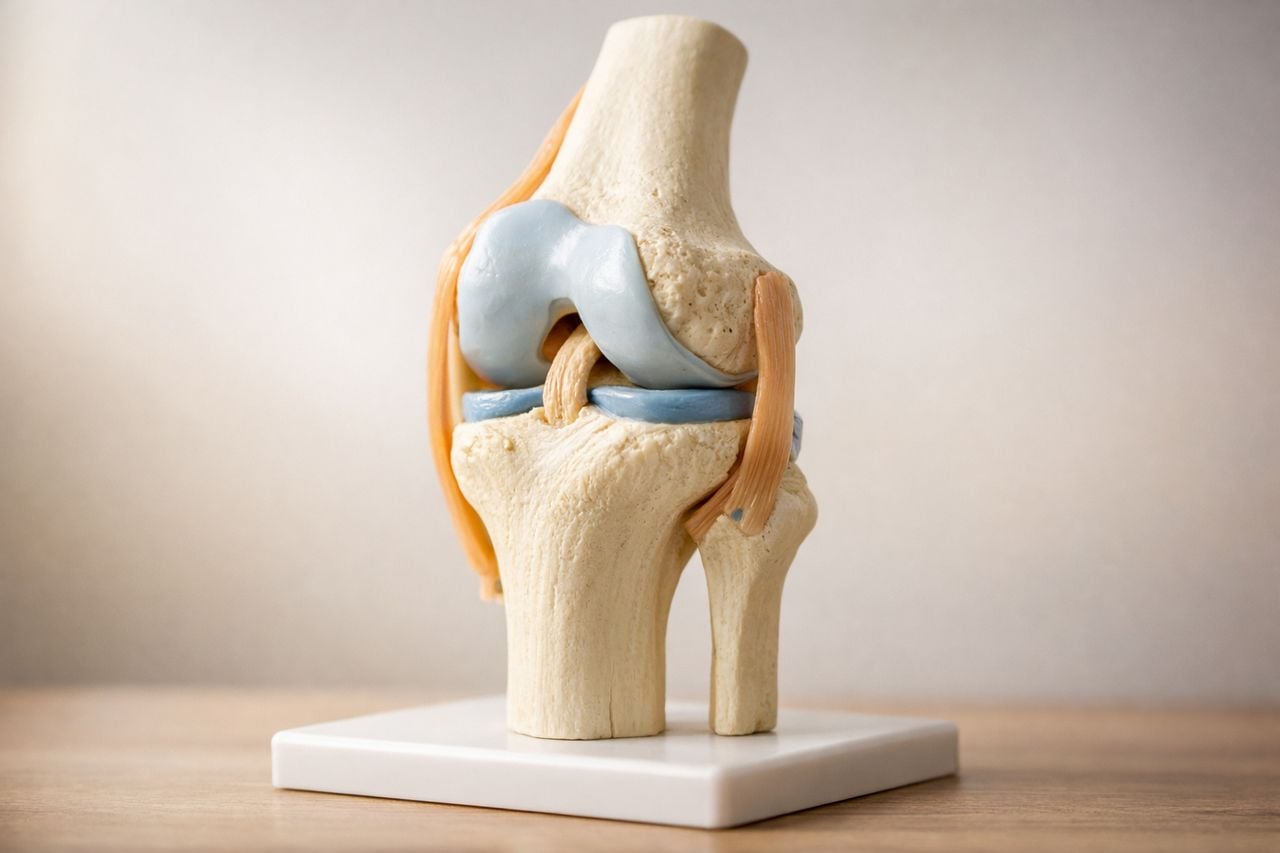 Modello anatomico di un'articolazione del ginocchio con dettagli su legamenti e cartilagine.