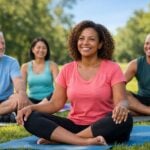Gruppo di adulti sorridenti che partecipano a una lezione di yoga in un parco verde