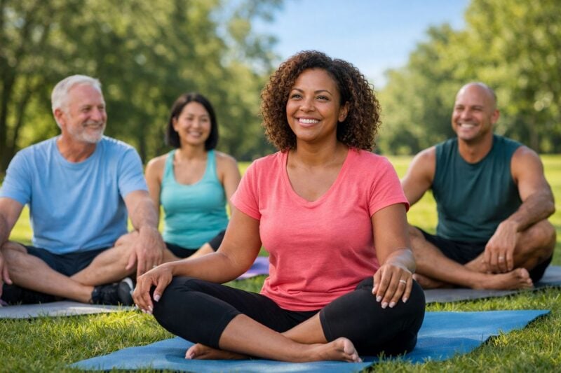 Gruppo di adulti sorridenti che partecipano a una lezione di yoga in un parco verde