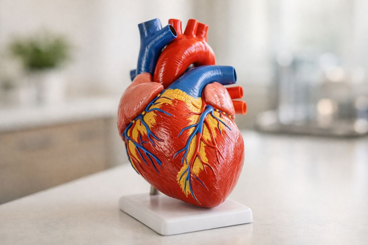 Modello anatomico del cuore umano in un ambiente clinico pulito e neutro.