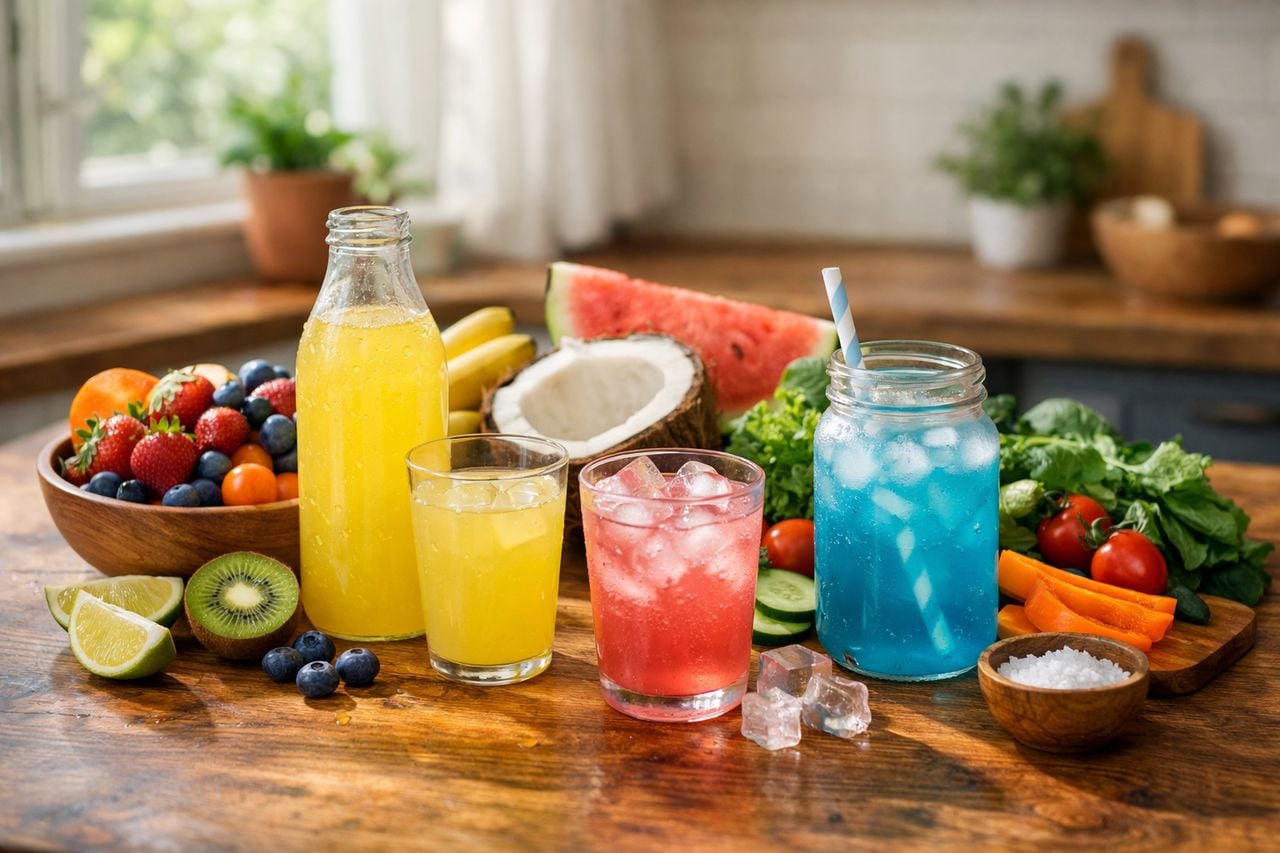 Disposizione di frutta, verdura e bevande elettrolitiche fresche su un tavolo di cucina in un ambiente accogliente