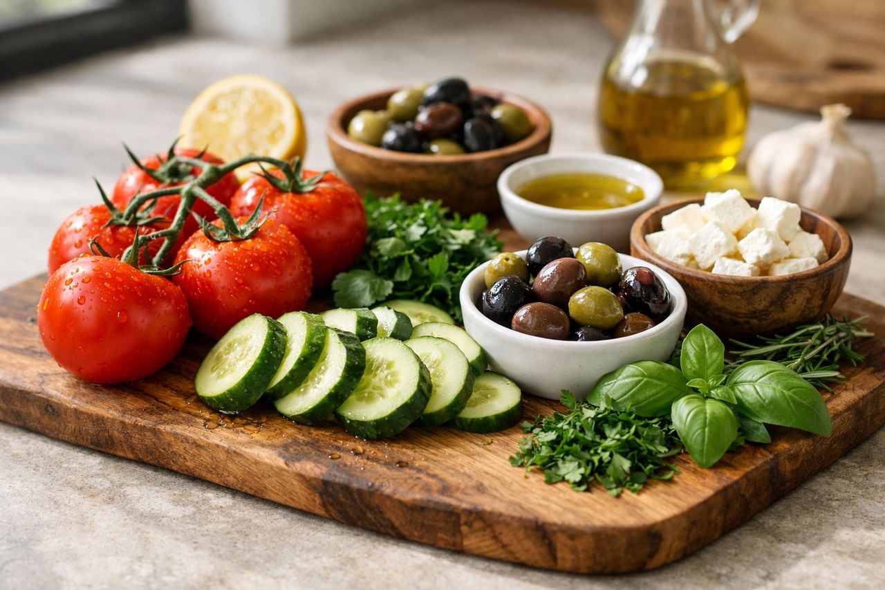Una varietà di ingredienti freschi mediterranei su un tagliere di legno in una cucina neutra.